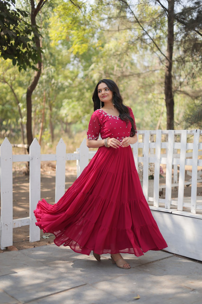 Pink And purple Faux Blooming With Embroidery Zari Sequins Gown