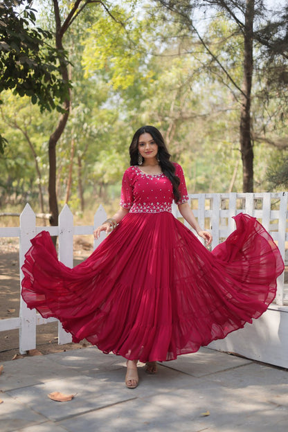 Pink And purple Faux Blooming With Embroidery Zari Sequins Gown