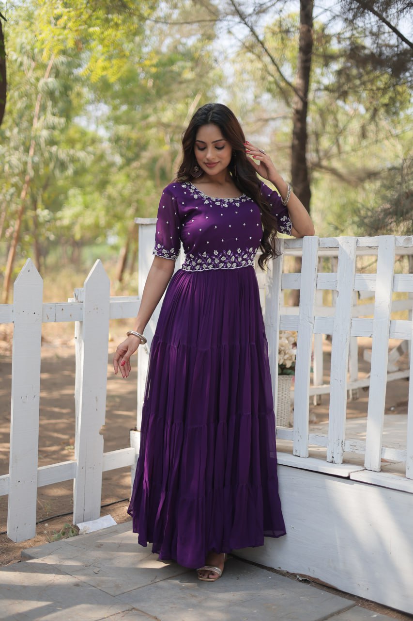 Pink And purple Faux Blooming With Embroidery Zari Sequins Gown