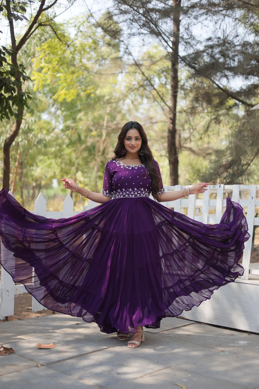 Pink And purple Faux Blooming With Embroidery Zari Sequins Gown