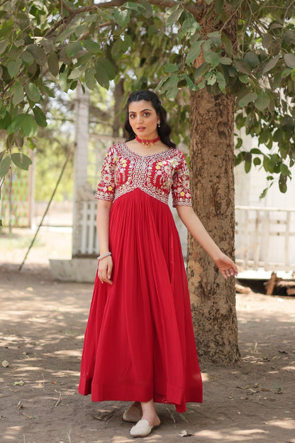 Red And White Faux Blooming With Embroidery Zari Sequins Gown