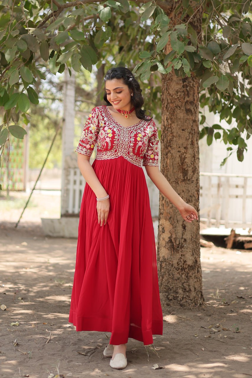 Red And White Faux Blooming With Embroidery Zari Sequins Gown