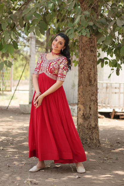 Red And White Faux Blooming With Embroidery Zari Sequins Gown