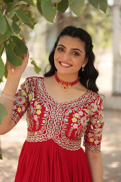 Red And White Faux Blooming With Embroidery Zari Sequins Gown