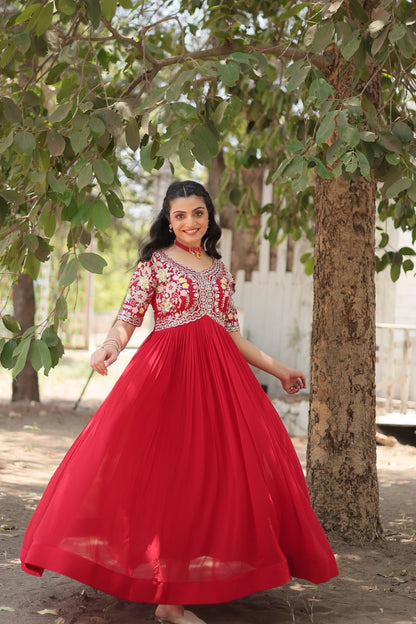 Red And White Faux Blooming With Embroidery Zari Sequins Gown