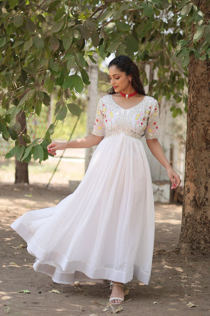 Red And White Faux Blooming With Embroidery Zari Sequins Gown