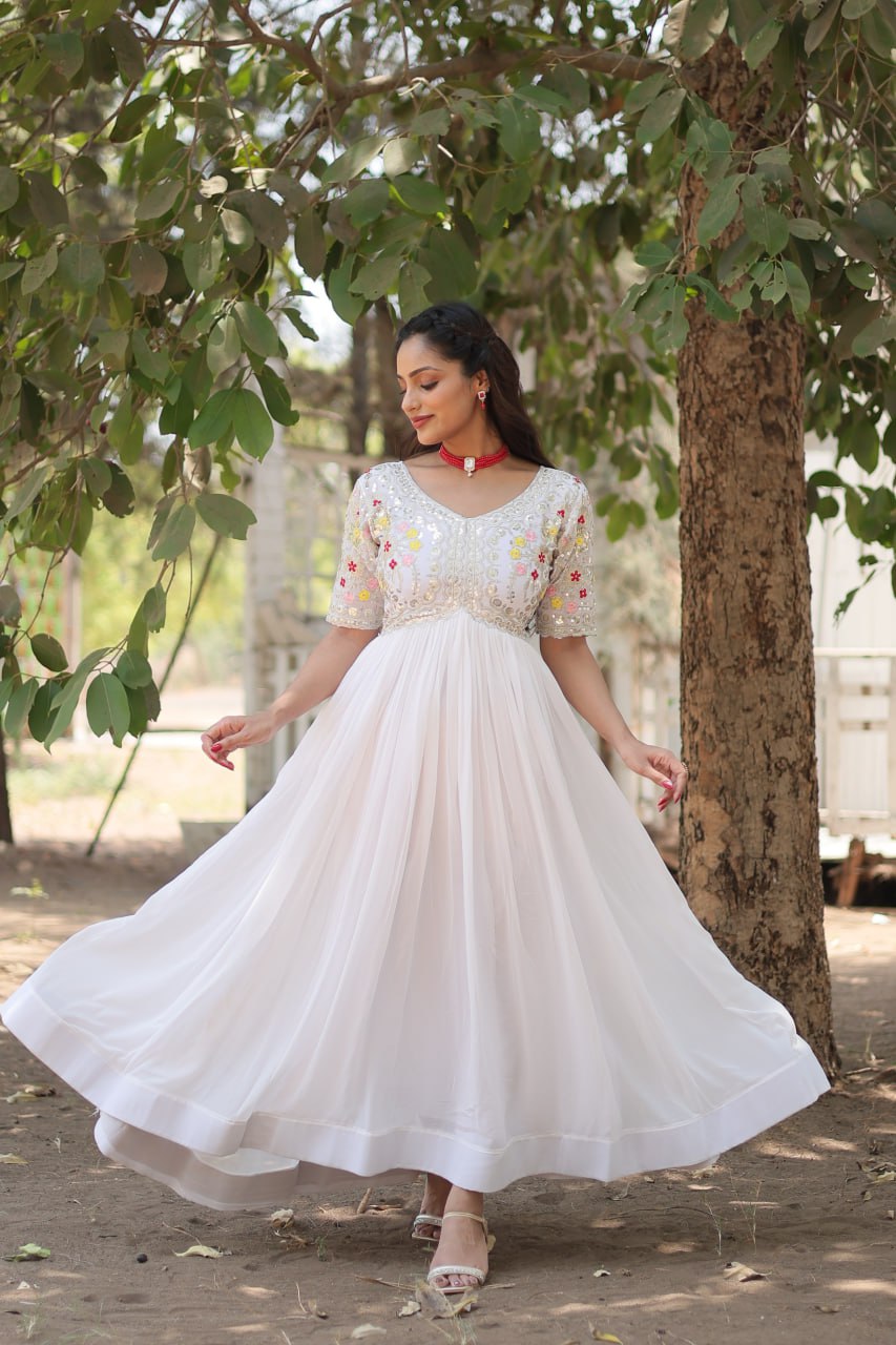 Red And White Faux Blooming With Embroidery Zari Sequins Gown