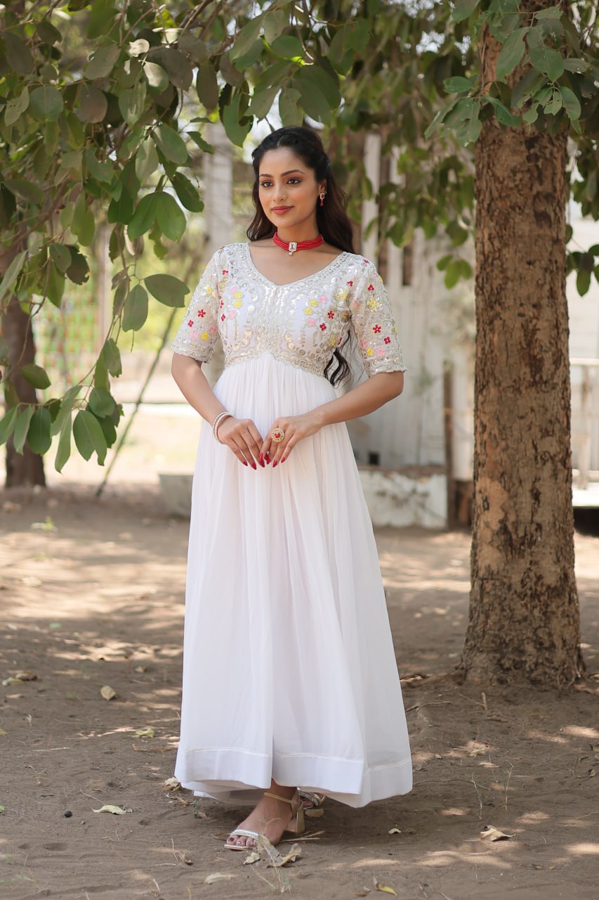 Red And White Faux Blooming With Embroidery Zari Sequins Gown