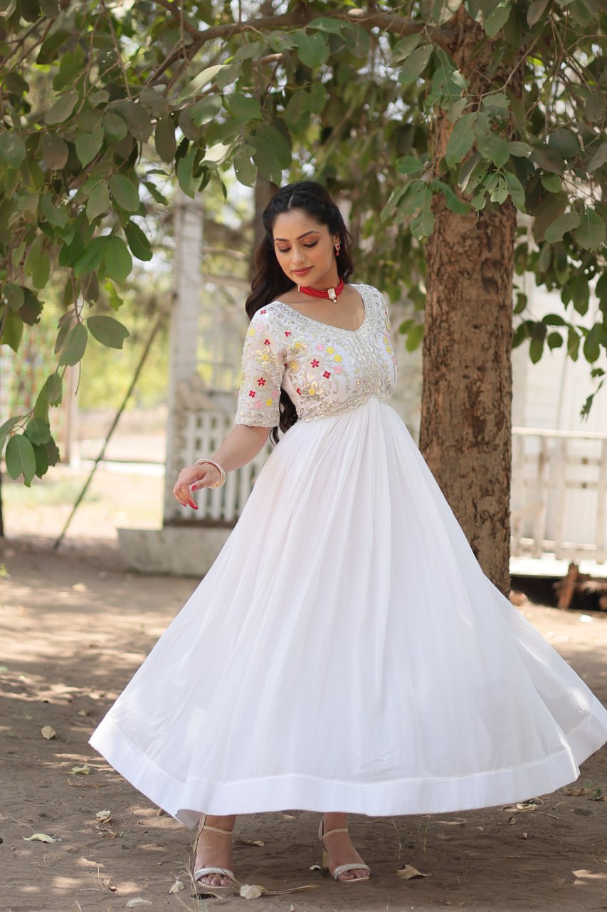 Red And White Faux Blooming With Embroidery Zari Sequins Gown