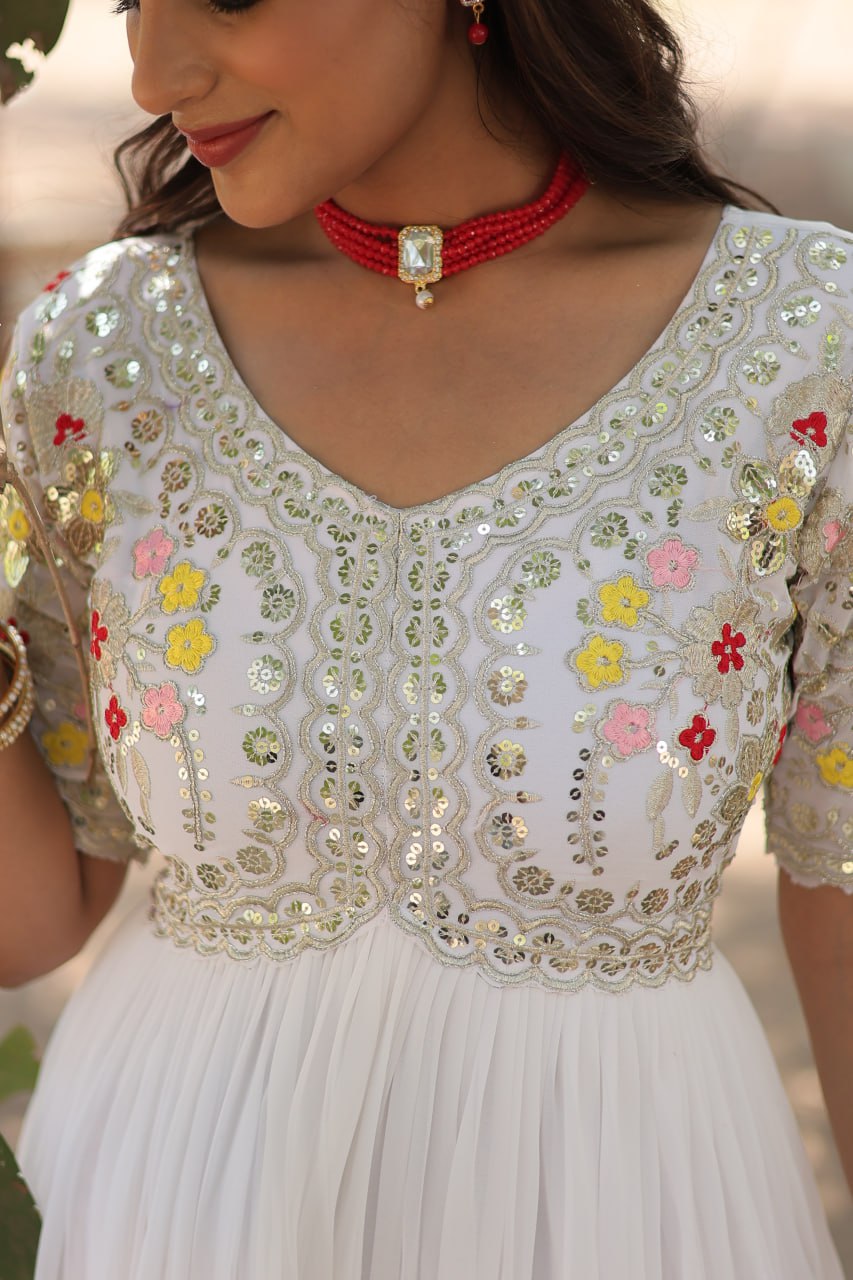 Red And White Faux Blooming With Embroidery Zari Sequins Gown