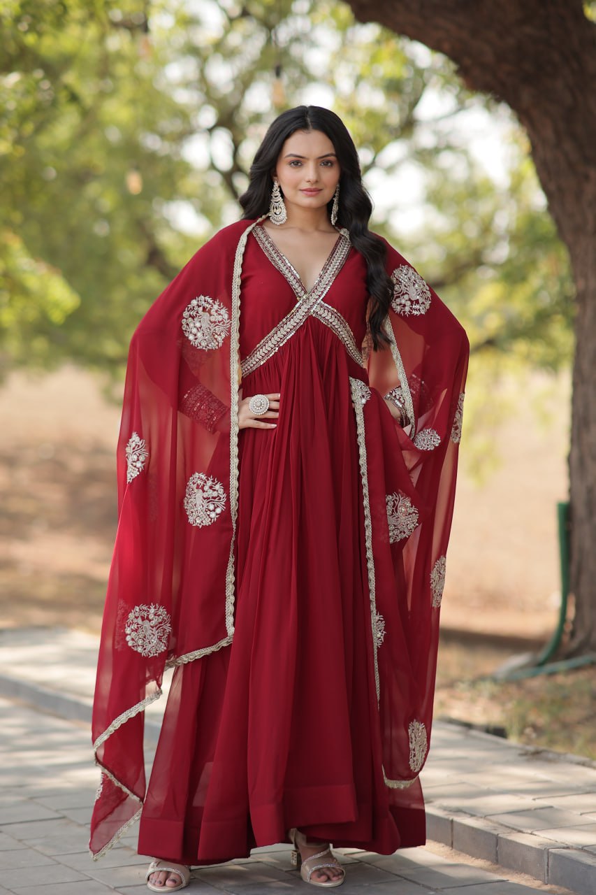 Maroon And Purple  Faux Blooming With Designer Lace Border Gown With Dupatta