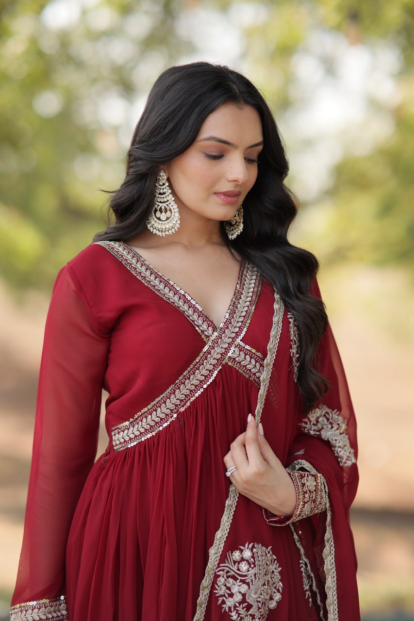 Maroon And Purple  Faux Blooming With Designer Lace Border Gown With Dupatta