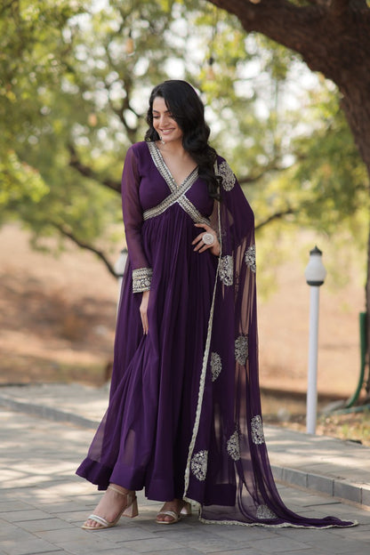 Maroon And Purple  Faux Blooming With Designer Lace Border Gown With Dupatta