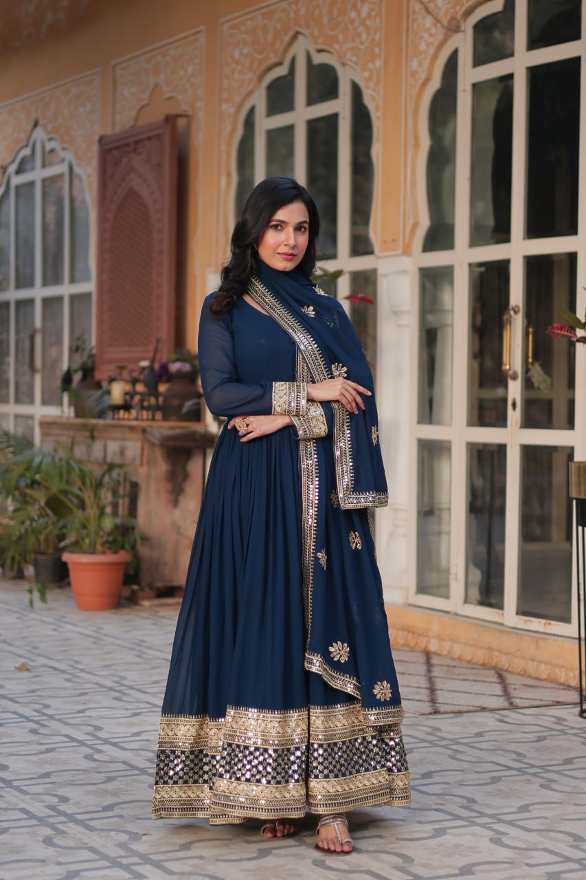 Rama Blue And Maroon Faux Blooming Sequins Embroidered Gown With Dupatta