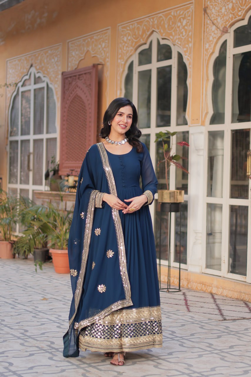 Rama Blue And Maroon Faux Blooming Sequins Embroidered Gown With Dupatta