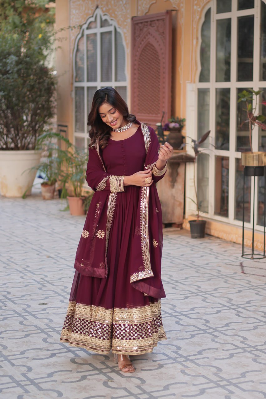 Rama Blue And Maroon Faux Blooming Sequins Embroidered Gown With Dupatta